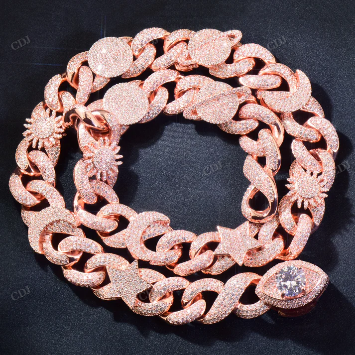 15mm Eye Star And Sun Moissanite Silver Cuban Infinity Link Chain hip hop jewelry CustomDiamJewel