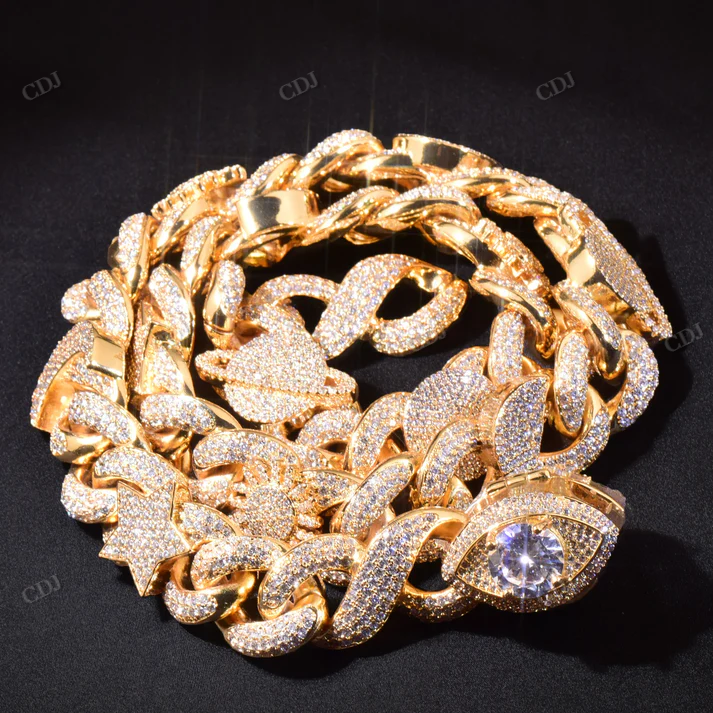 15mm Eye Star And Sun Moissanite Silver Cuban Infinity Link Chain hip hop jewelry CustomDiamJewel