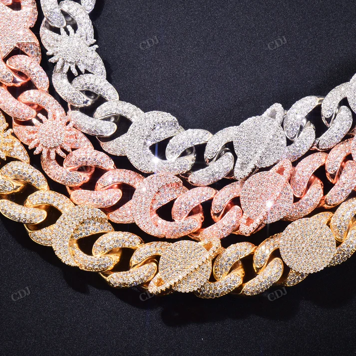 15mm Eye Star And Sun Moissanite Silver Cuban Infinity Link Chain hip hop jewelry CustomDiamJewel