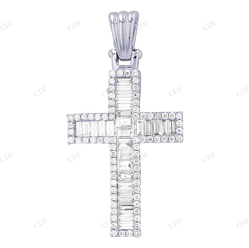 Baguette Lab Grown Diamond Cross 14K White Gold Pendant Hip Hop Pendent CustomDiamJewel