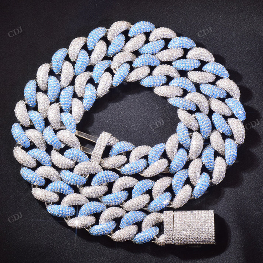 14mm White And Blue Diamonds Silver Cuban Link Chain hip hop jewelry CustomDiamJewel