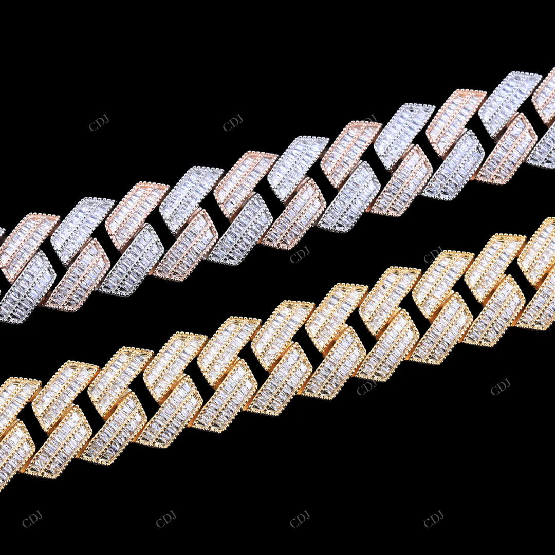 925 Silver Baguette Moissanite Miami Cuban Link Chain CustomDiamJewel