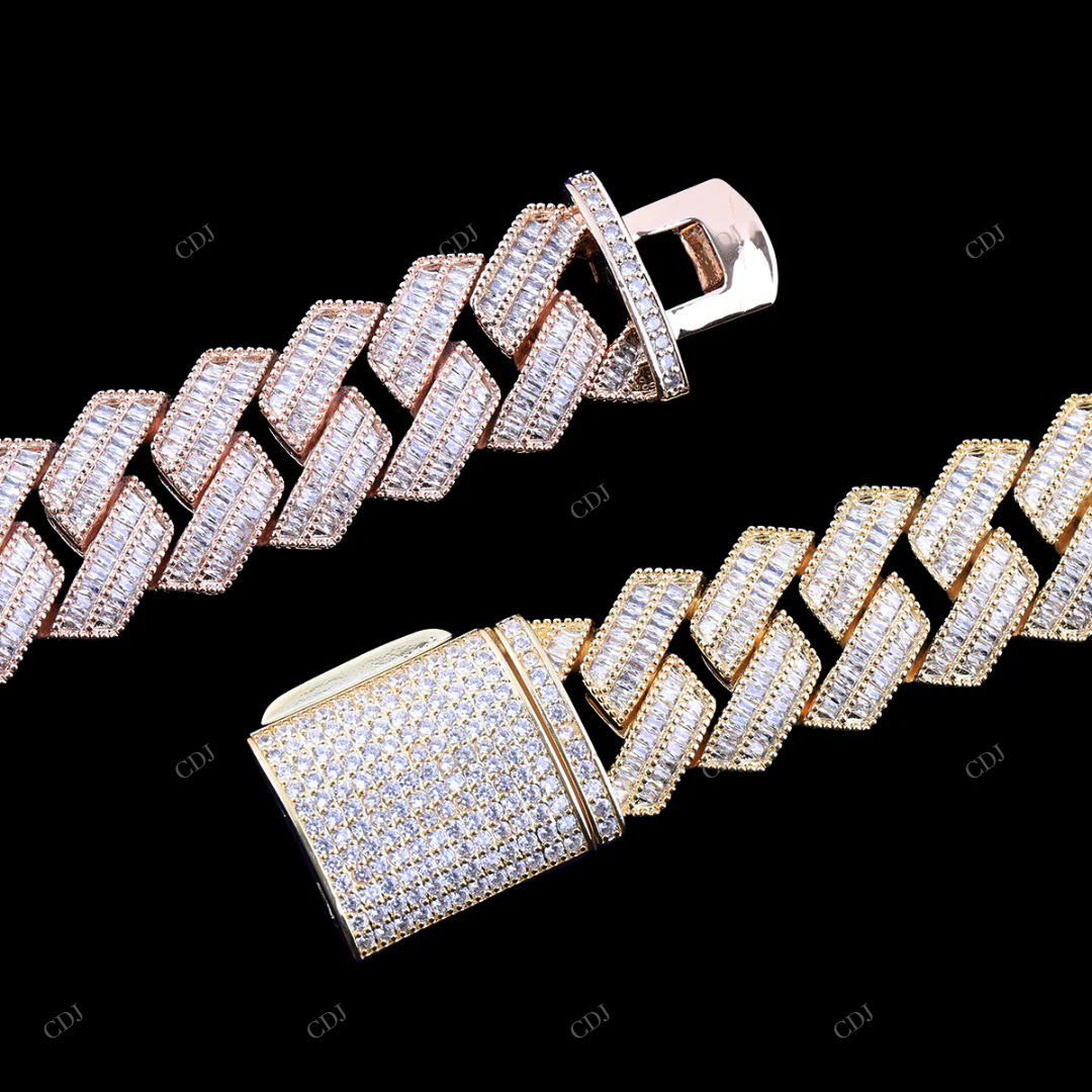 925 Silver Baguette Moissanite Miami Cuban Link Chain CustomDiamJewel