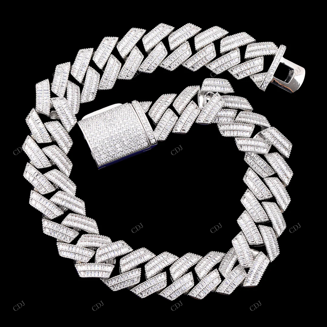 925 Silver Baguette Moissanite Miami Cuban Link Chain CustomDiamJewel