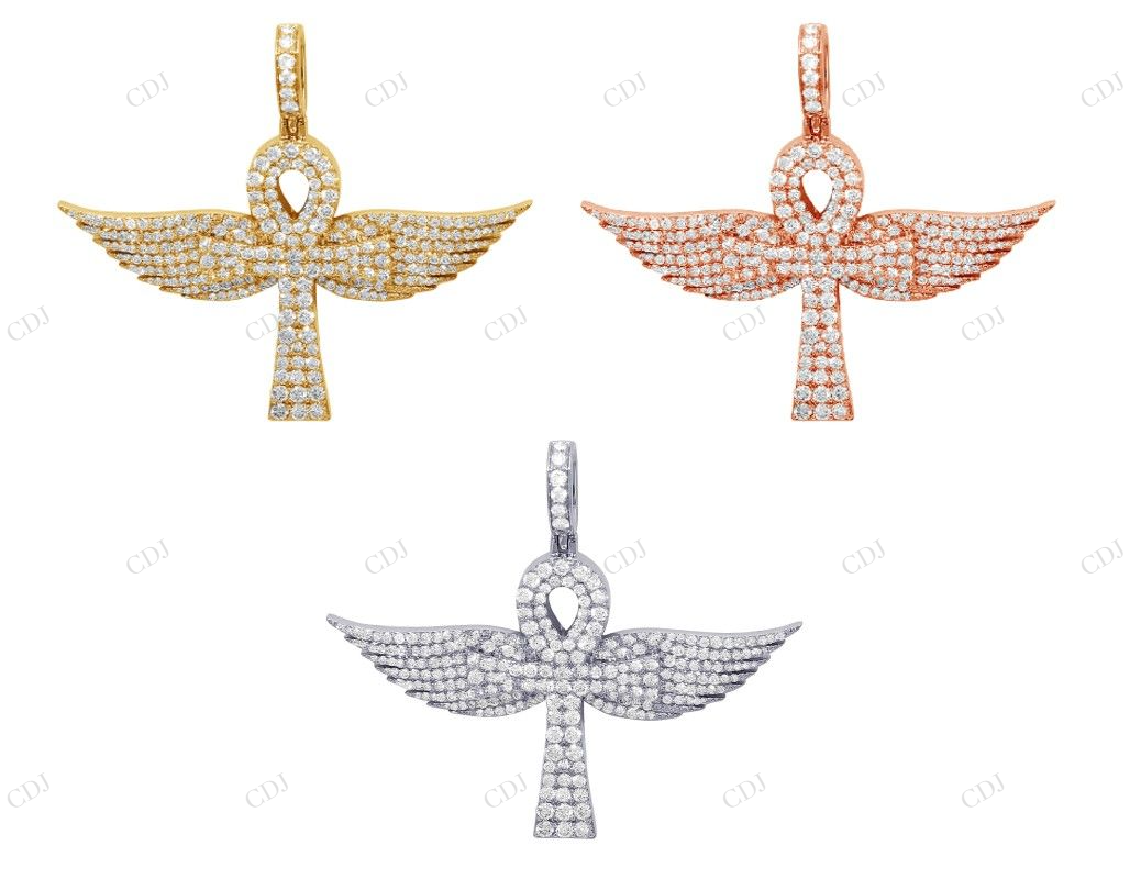 1.8 Inch Lab Grown Diamond 14K Gold Wings Ankh Cross Pendant Hip Hop Pendent CustomDiamJewel