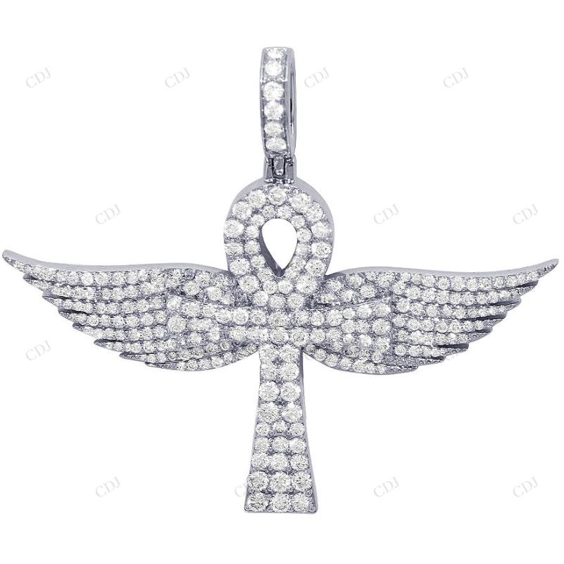 1.8 Inch Lab Grown Diamond 14K Gold Wings Ankh Cross Pendant Hip Hop Pendent CustomDiamJewel