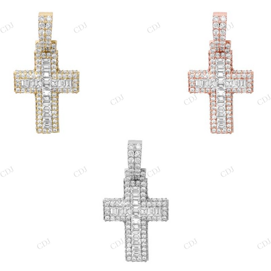 Emerald Cut Lab Grown Diamond Cross Pendant 14K Gold Hip Hop Pendent CustomDiamJewel