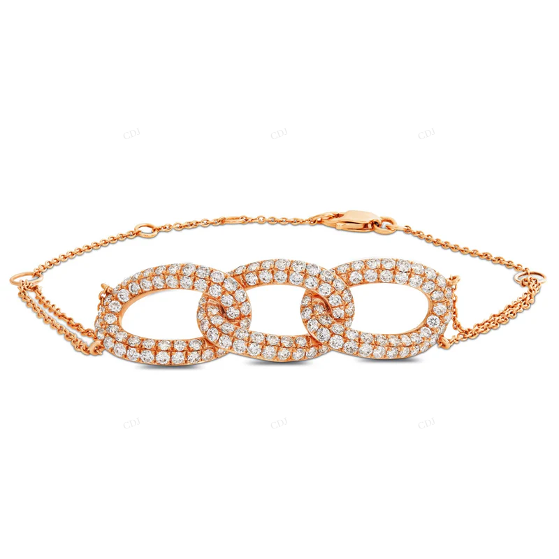 14K Solid Gold Unique Trendy Three Link Diamond Bracelet CustomDiamJewel
