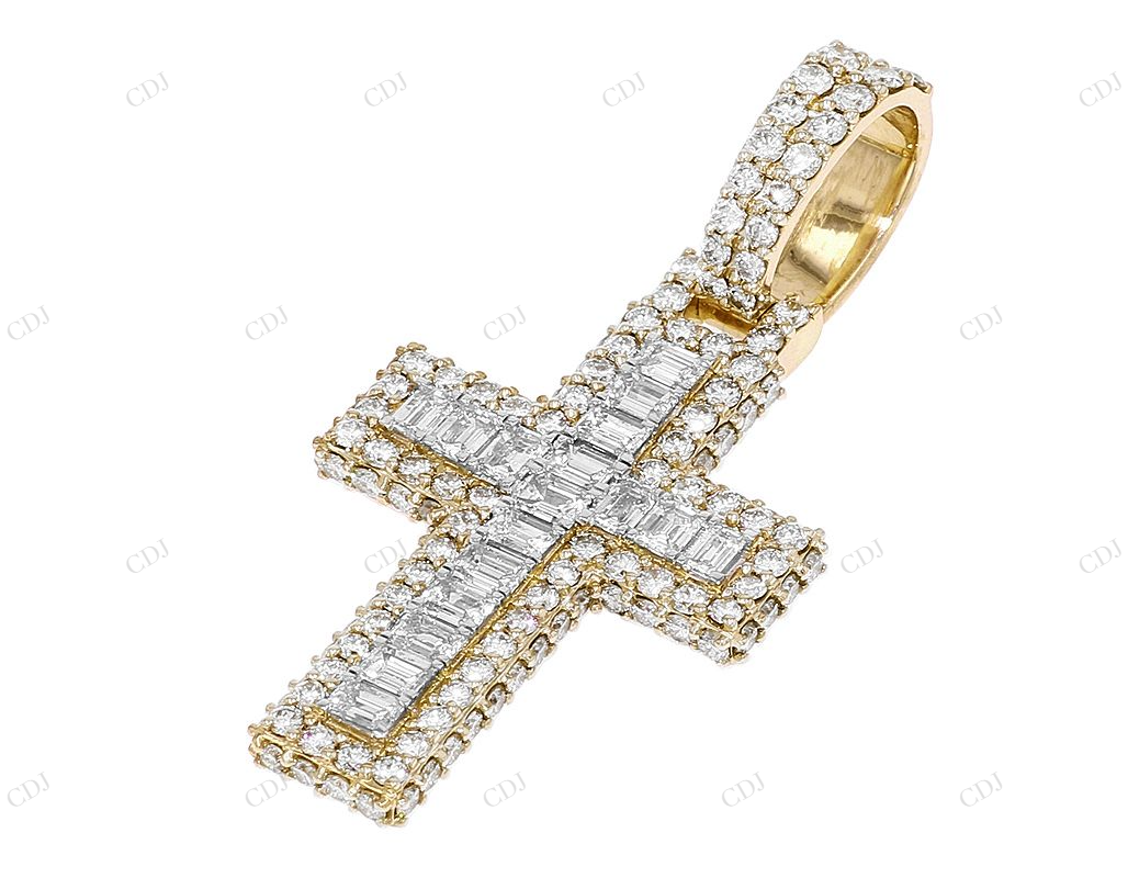 Emerald Cut Lab Grown Diamond Cross Pendant 14K Gold Hip Hop Pendent CustomDiamJewel