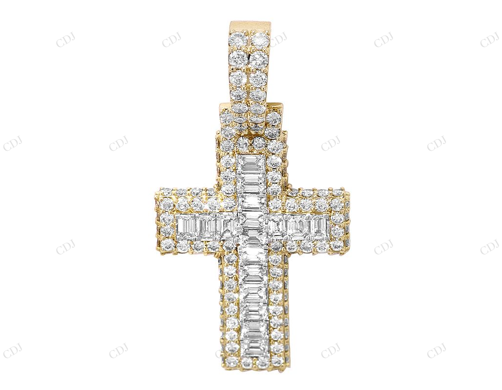 Emerald Cut Lab Grown Diamond Cross Pendant 14K Gold Hip Hop Pendent CustomDiamJewel