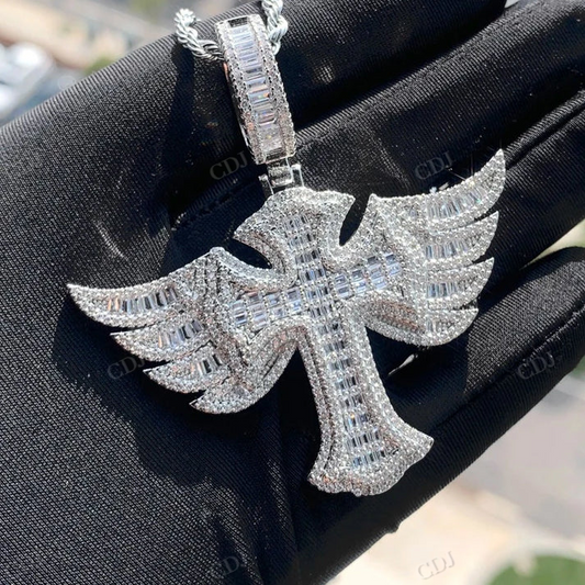 Hip Hop Iced Out Baguette Wing Cross Pendant hip hop jewelry CustomDiamJewel