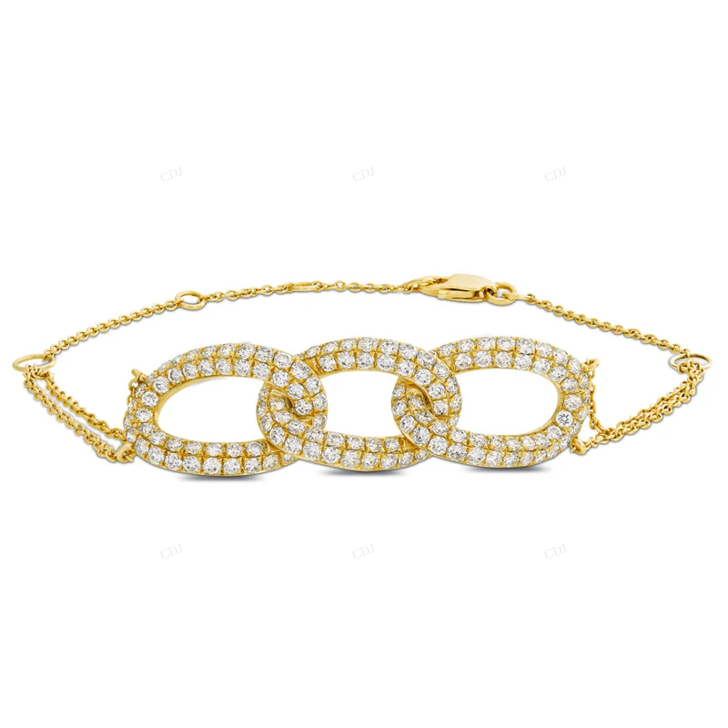 14K Solid Gold Unique Trendy Three Link Diamond Bracelet CustomDiamJewel