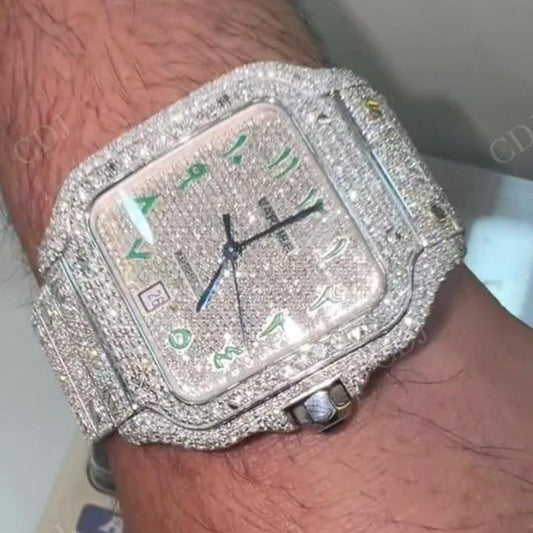 Full White Cartier Arabic Green Digit Moissanite Diamond Set Iced Out Watch hip hop jewelry CustomDiamJewel
