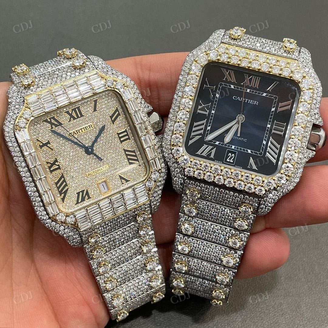 Baugette Diamond On Bezel Modified Belt Cartire Santos Watch For men customdiamjewel