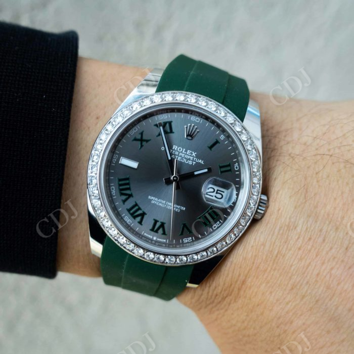 Green Rubber Belt Moissanite On Bezel Rolex Watch customdiamjewel