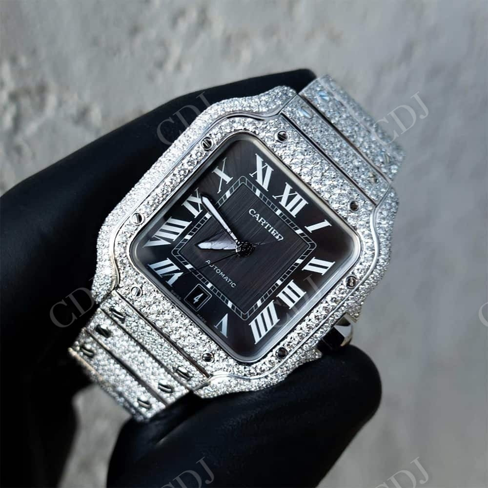 Black Plate Small Bezel Cartier Santos Moissanite Watch customdiamjewel