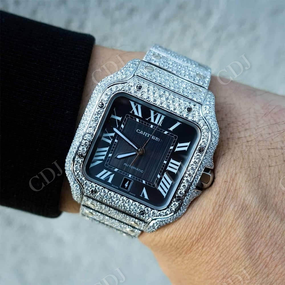 Black Plate Small Bezel Cartier Santos Moissanite Watch customdiamjewel