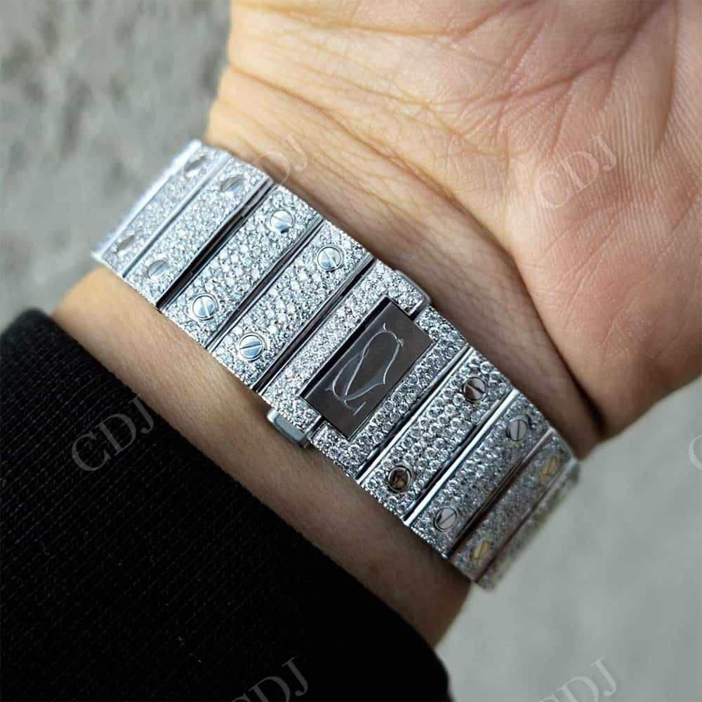 Black Plate Small Bezel Cartier Santos Moissanite Watch customdiamjewel