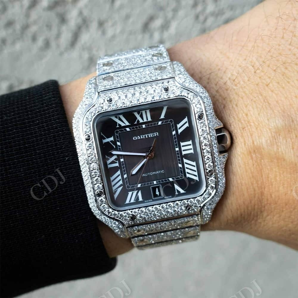 Black Plate Small Bezel Cartier Santos Moissanite Watch customdiamjewel