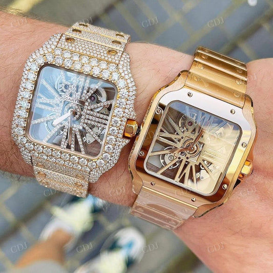 Yellow Gold Plated Hip Hop Skeleton Cartier Custom Moissanite Diamond Watch customdiamjewel