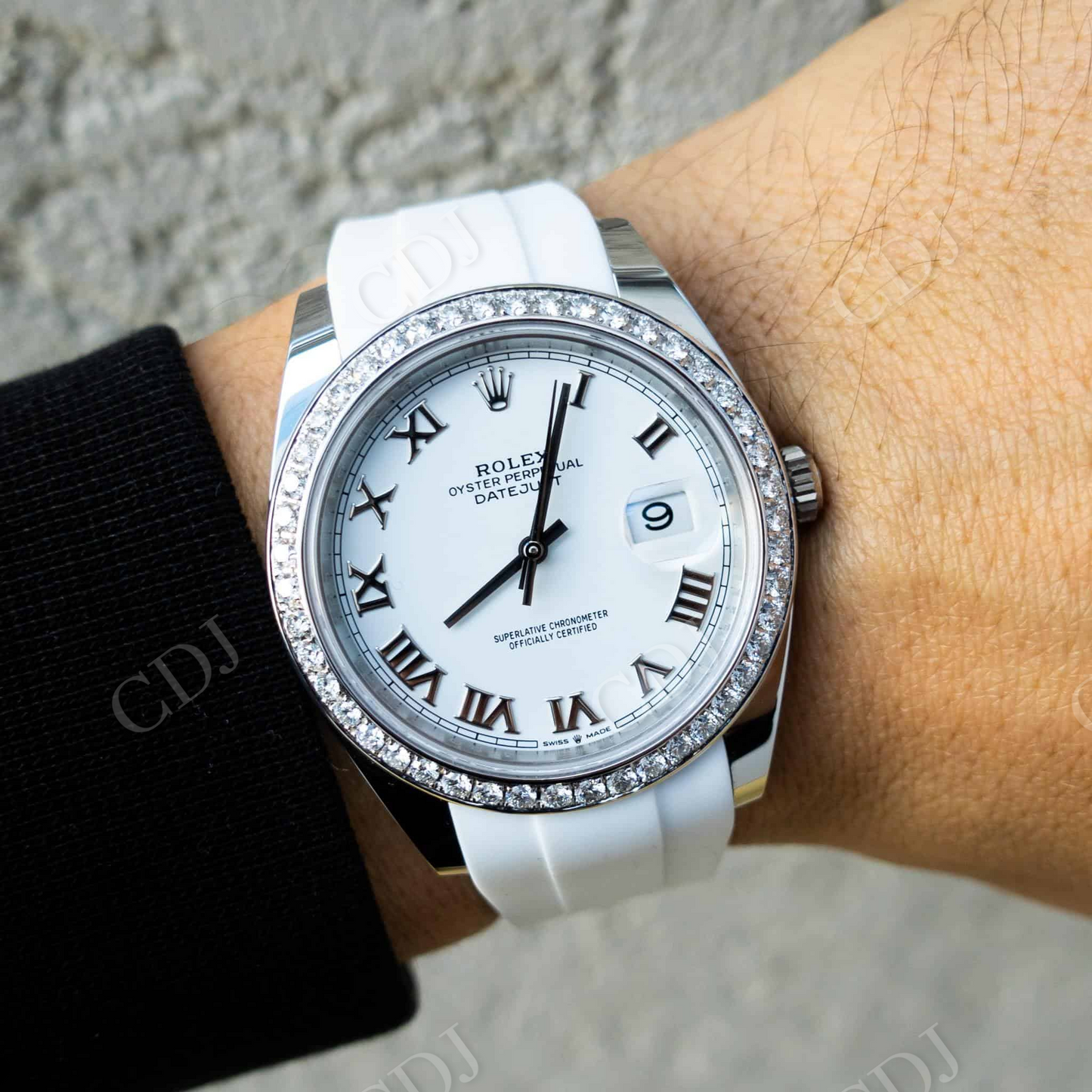 Diamond On Bezel Rolex White Rubber Belt Simple Watch customdiamjewel