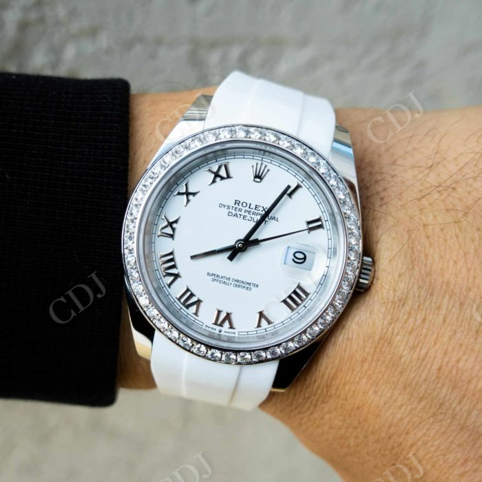 Diamond On Bezel Rolex White Rubber Belt Simple Watch customdiamjewel