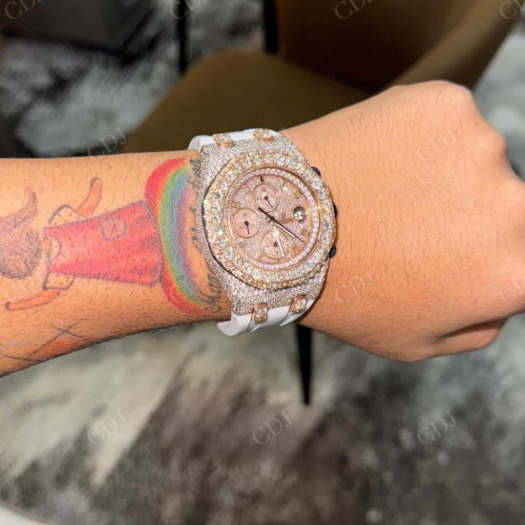 Rose White AP Chrono White Rubber Belt Moissanite Diamond Set Watch hip hop jewelry CustomDiamJewel