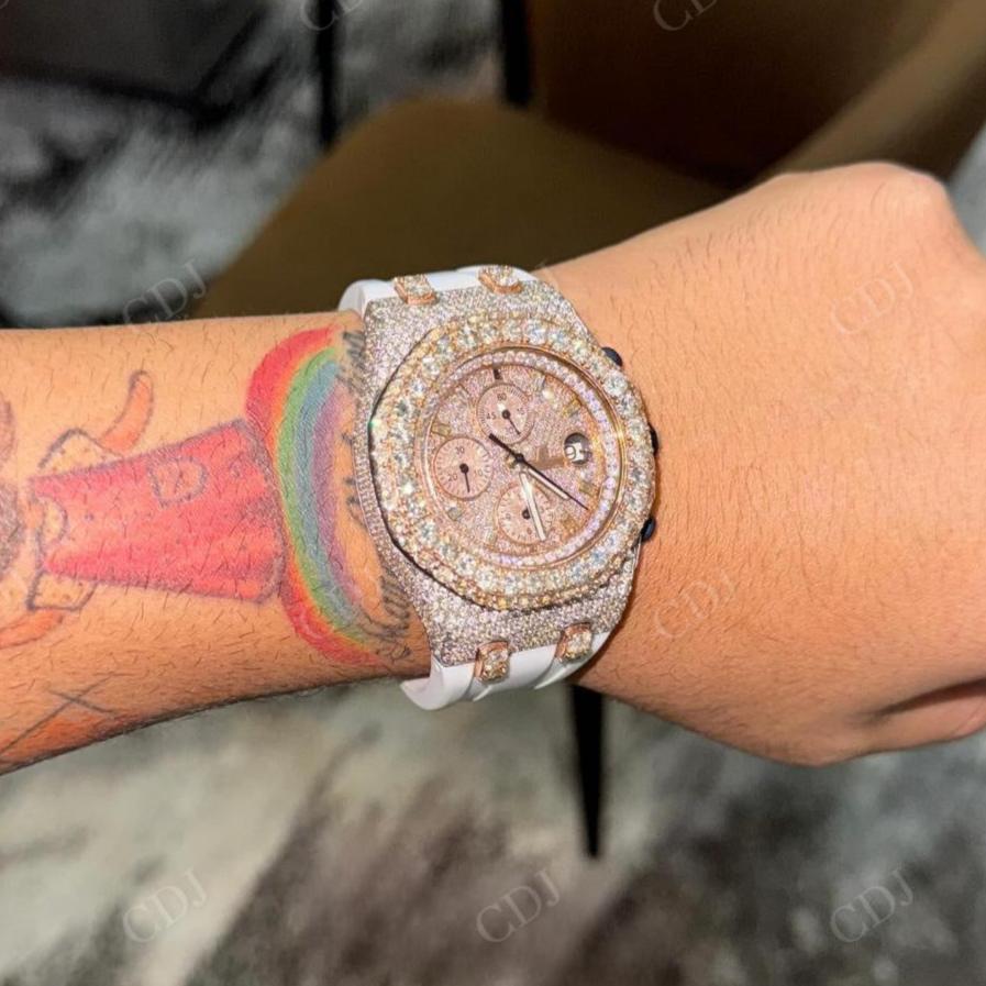 Rose White AP Chrono White Rubber Belt Moissanite Diamond Set Watch hip hop jewelry CustomDiamJewel