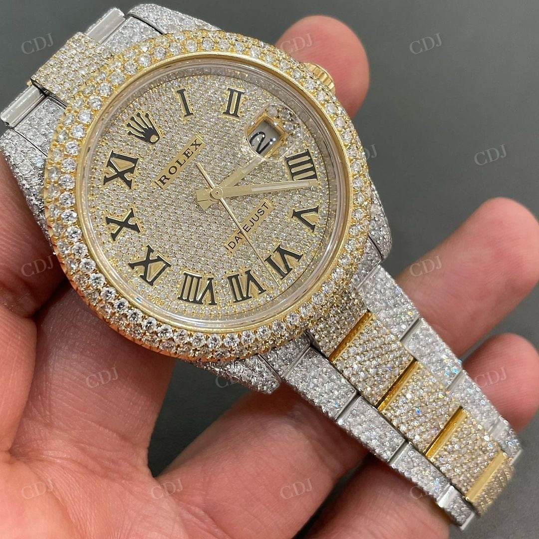 Fully Iced Out Yellow White Roman Dial Rolex Oyster Belt Watch customdiamjewel