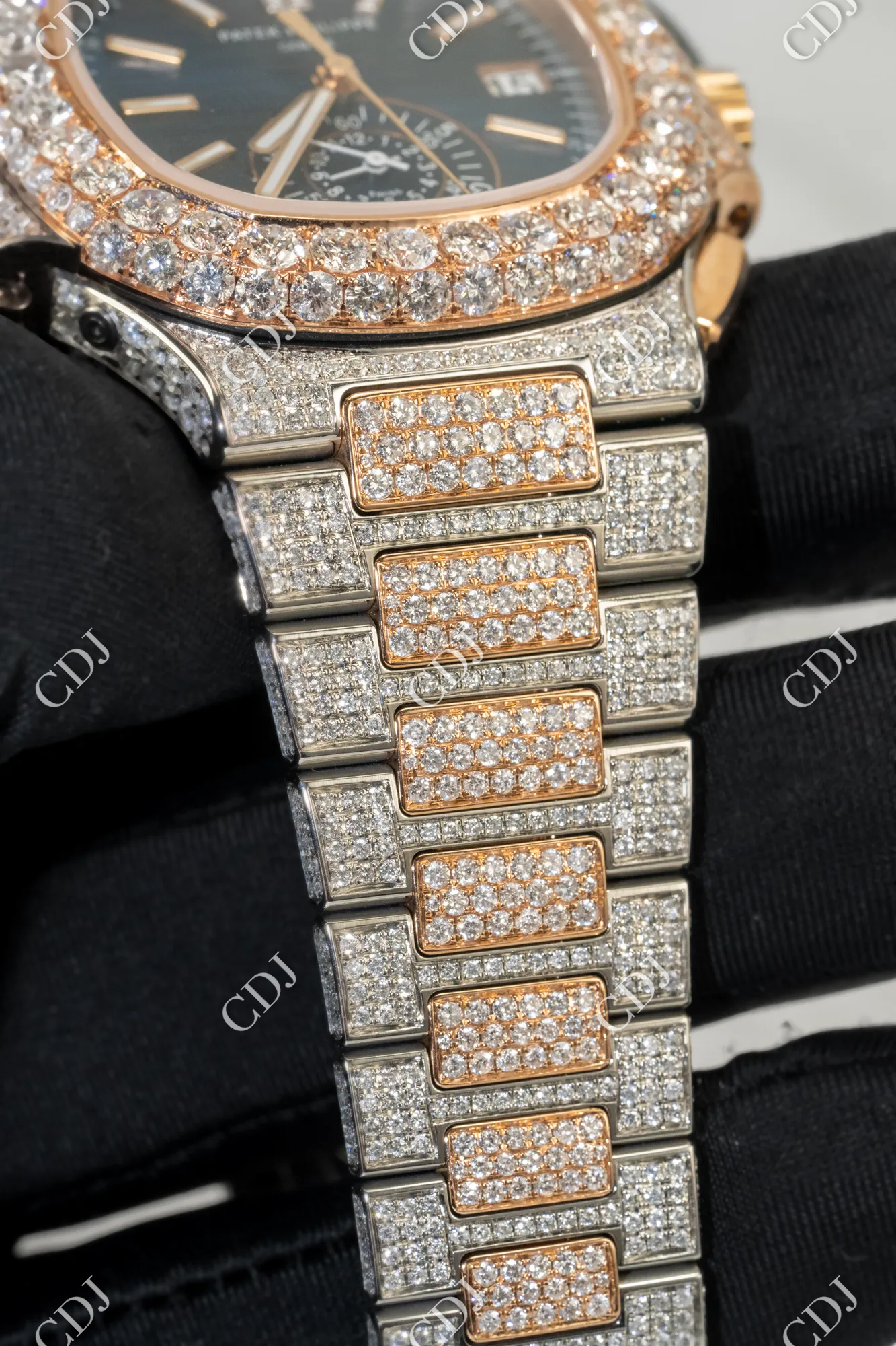 Blue Dial Chrono Set Iced Out Hip Hop Moissanite Patek Philippe Watches customdiamjewel