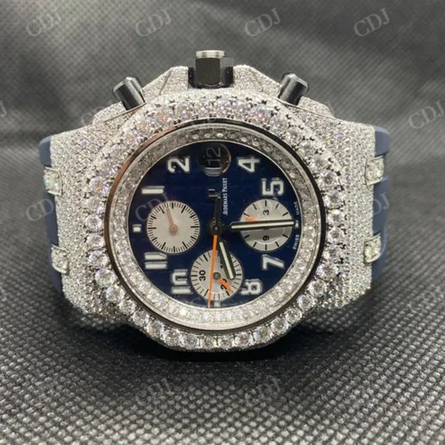 Semi Iced Out Diamond Chrono Blue Silicon Strap Watch customdiamjewel