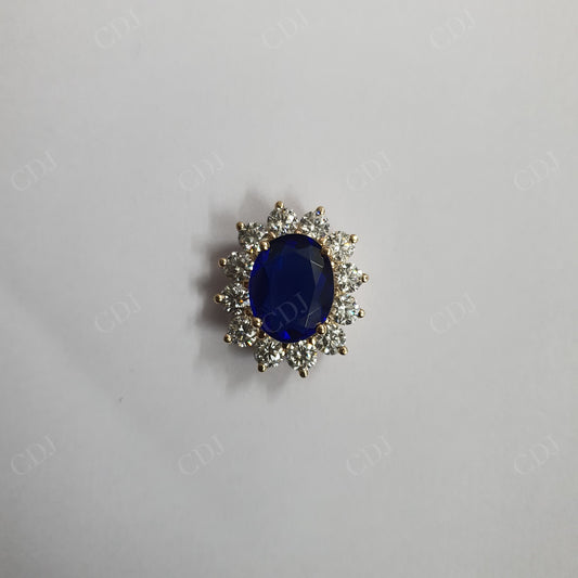 14K Yellow Gold Oval Cut Blue Sapphire And Round CVD Halo Custom Pendant