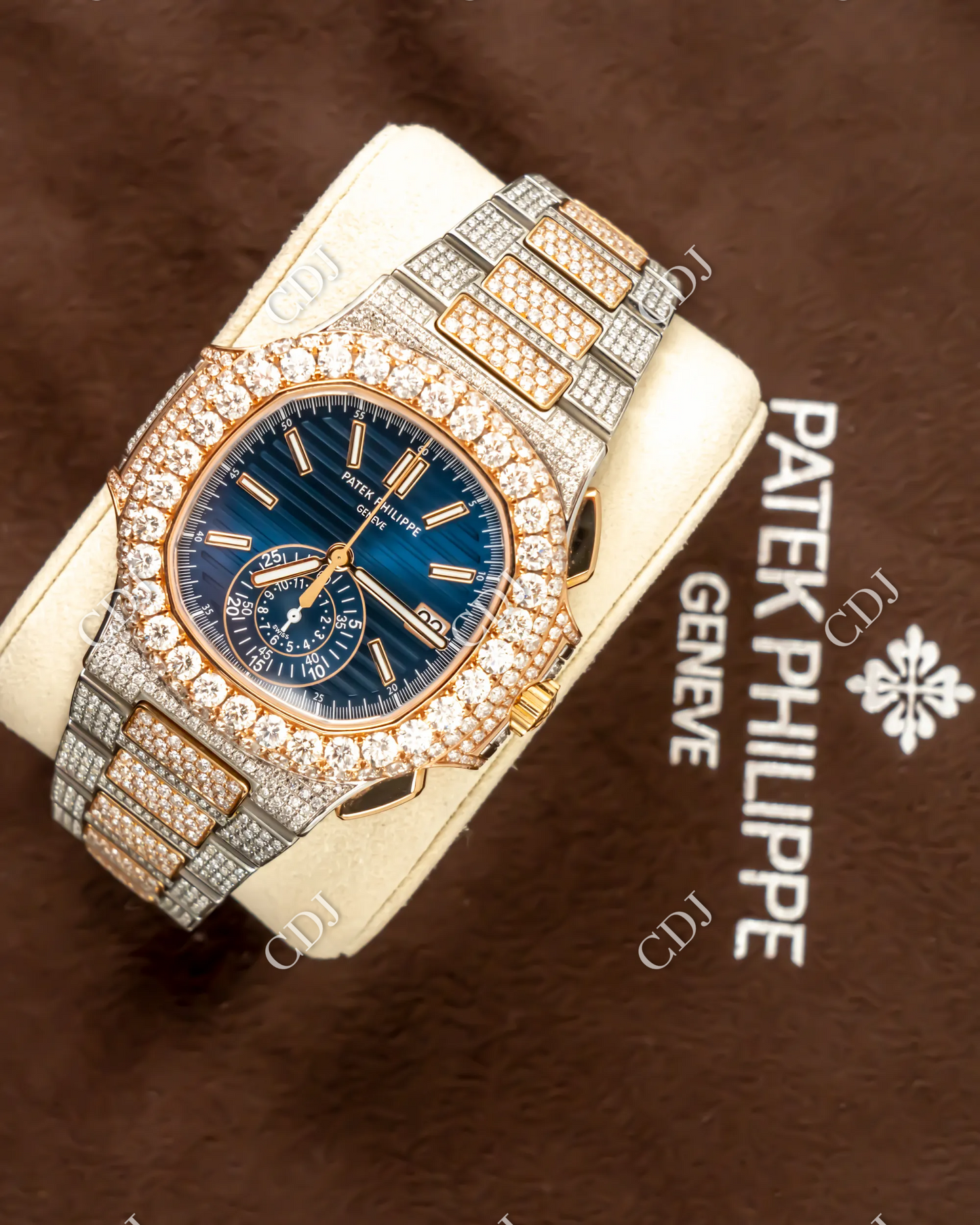 Blue Dial Chrono Set Iced Out Hip Hop Moissanite Patek Philippe Watches customdiamjewel