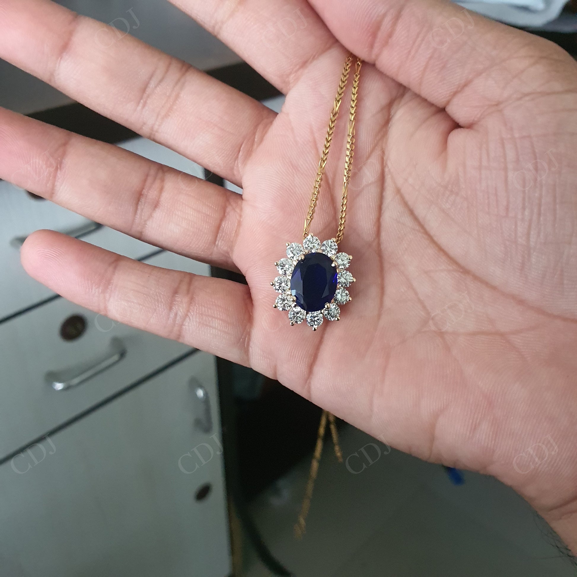 14K Yellow Gold Oval Cut Blue Sapphire And Round CVD Halo Custom Pendant hip hop jewelry customdiamjewel   