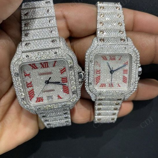 36MM Fully Iced Out Red Roman Numerical Hip Hop Moissanite Combo Watch customdiamjewel