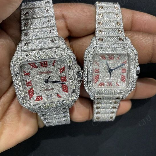 36MM Fully Iced Out Red Roman Numerical Hip Hop Moissanite Combo Watch customdiamjewel