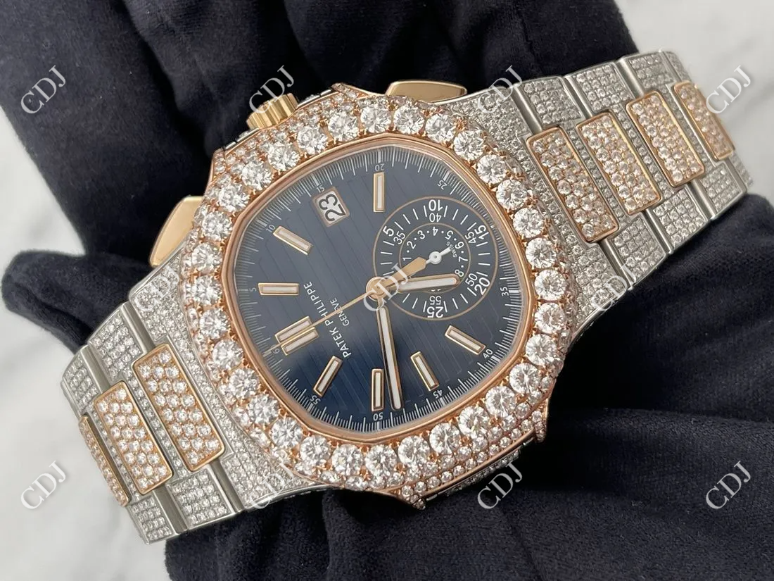 Blue Dial Chrono Set Iced Out Hip Hop Moissanite Patek Philippe Watches customdiamjewel