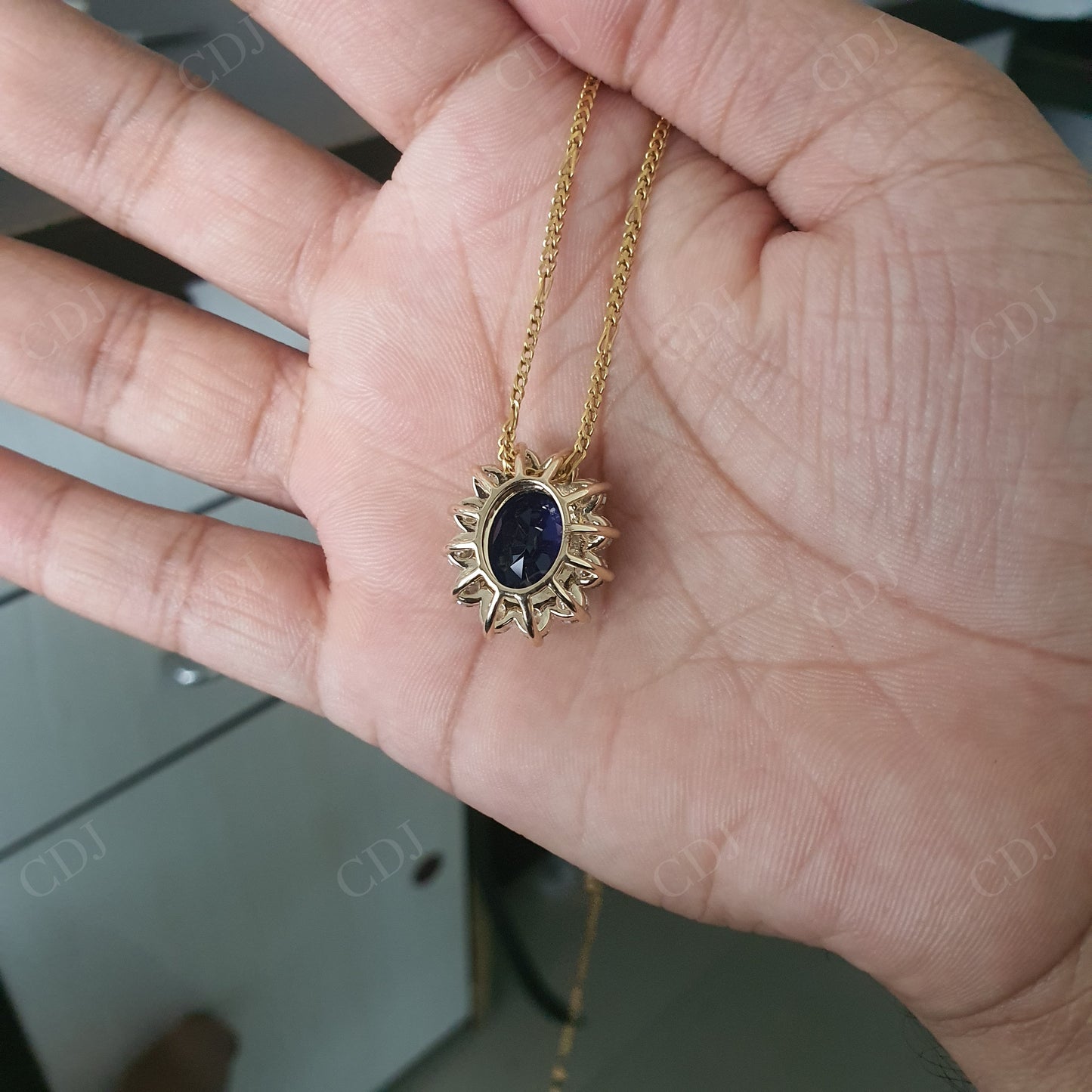 14K Yellow Gold Oval Cut Blue Sapphire And Round CVD Halo Custom Pendant