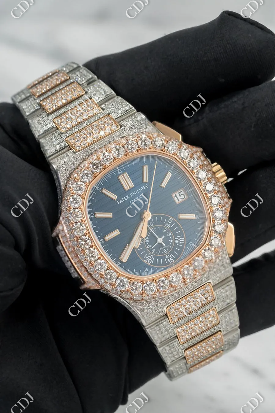 Blue Dial Chrono Set Iced Out Hip Hop Moissanite Patek Philippe Watches customdiamjewel
