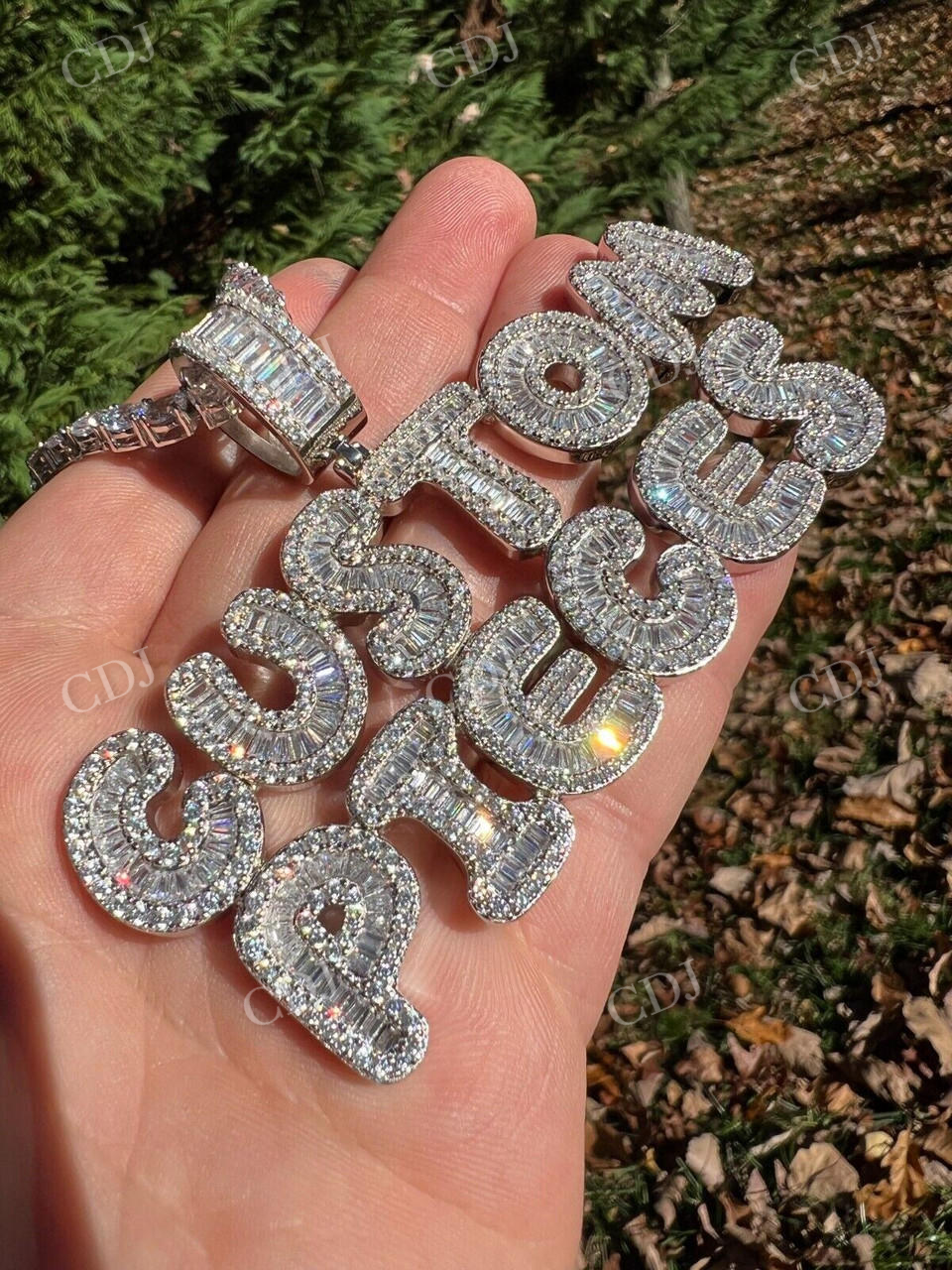 Custom Baguette Diamond Bubble Letter Pendant  customdiamjewel   