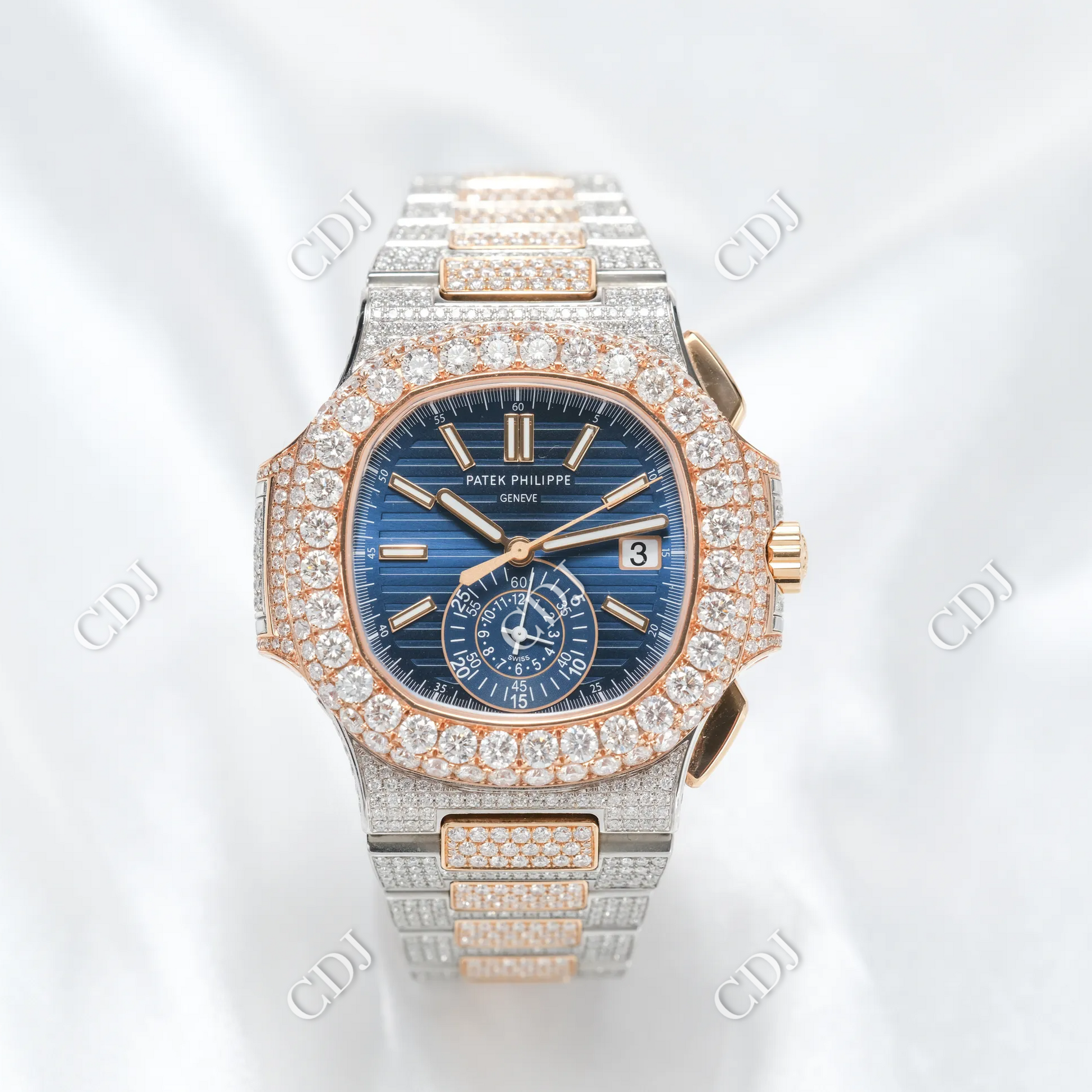 Blue Dial Chrono Set Iced Out Hip Hop Moissanite Patek Philippe Watches customdiamjewel