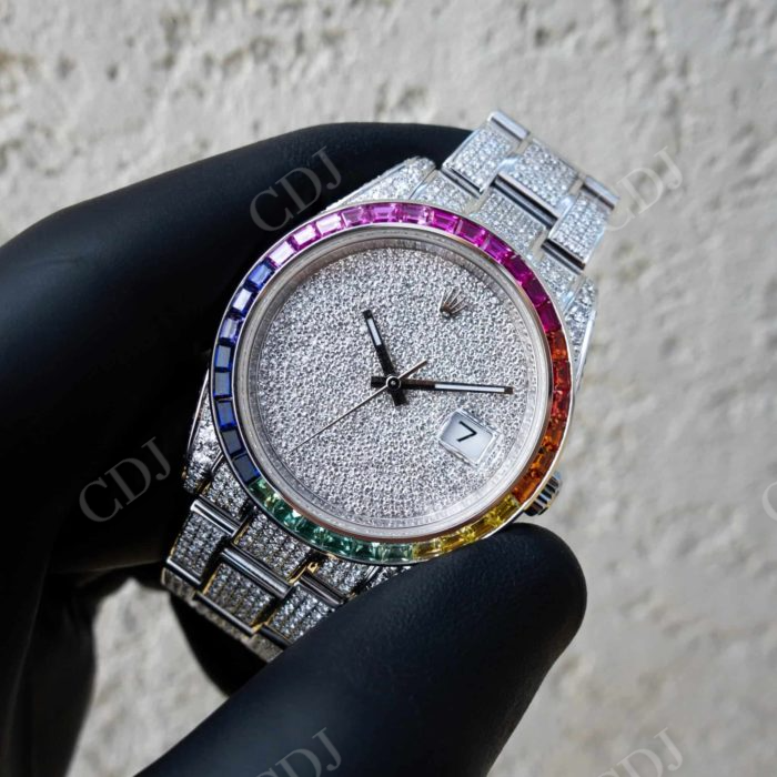 Rainbow Baguette Bezel Customized Iced Out Rolex Watch customdiamjewel
