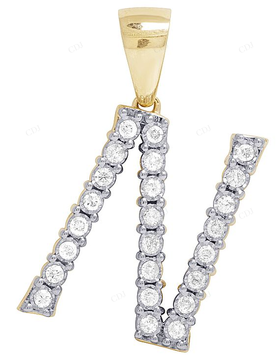 1.1" Natural Diamond 10K Gold N Letter Charm Pendant CustomDiamJewel