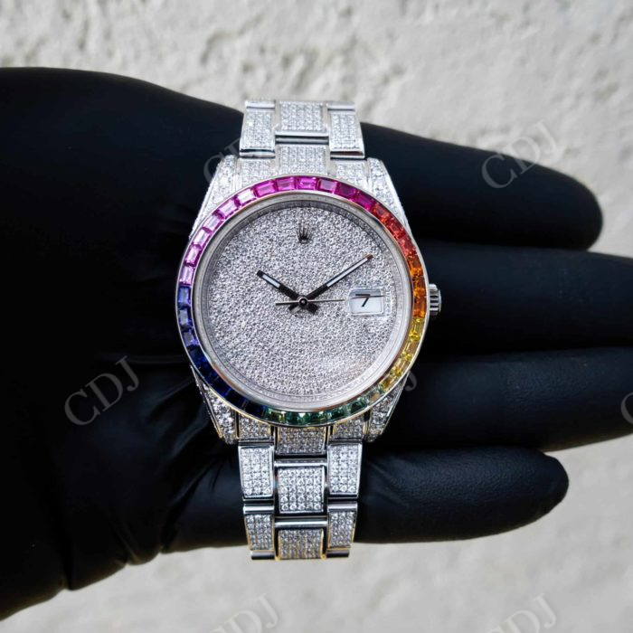 Rainbow Baguette Bezel Customized Iced Out Rolex Watch customdiamjewel