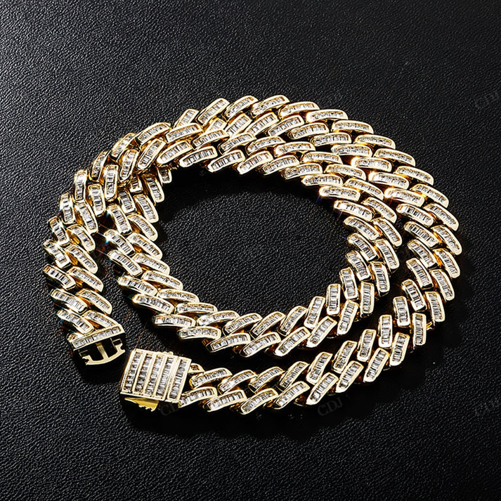 12MM Baguette Diamond Yellow Gold Cuban Chain hip hop jewelry CustomDiamJewel