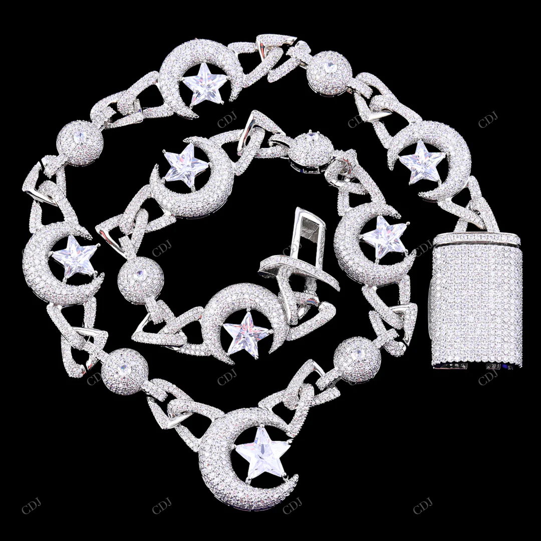 Moissanite Moon Star Link Chain Gift For Mens CustomDiamJewel