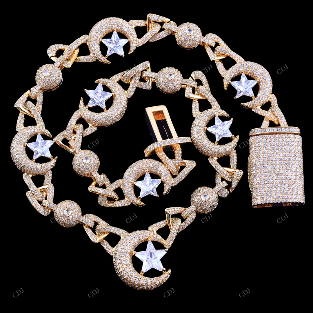 Moissanite Moon Star Link Chain Gift For Mens CustomDiamJewel