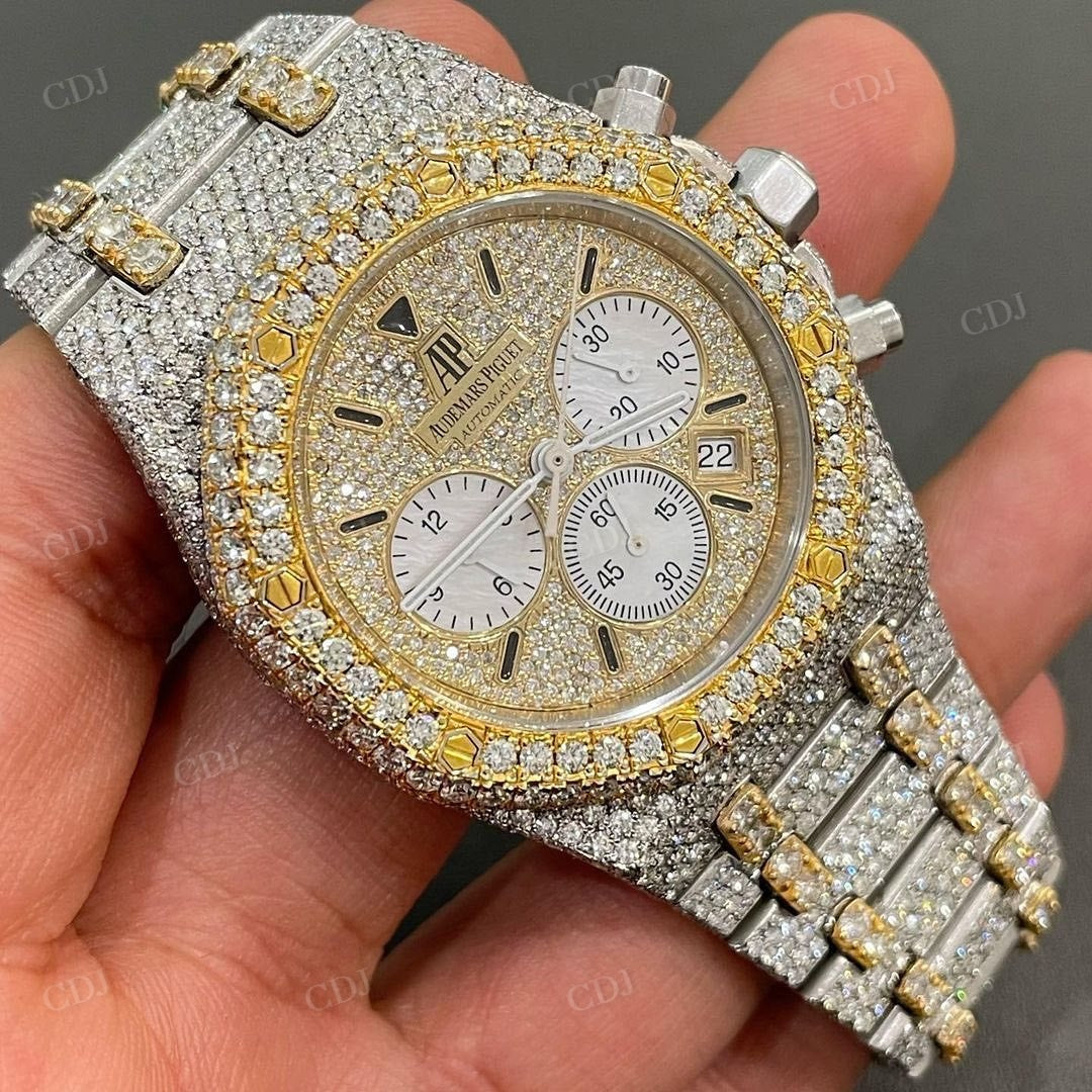 Luxury Style Yellow White Bust Down AP Chrono Modified Automatic Movement Iced Out Watch customdiamjewel