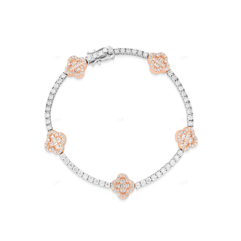 VVS Moissanite Two Tone Rose Gold & White Gold Clover Bracelet CustomDiamJewel