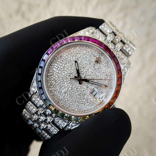 Wholesaler Customized Rolex Baguette Round Moissanite Watch customdiamjewel